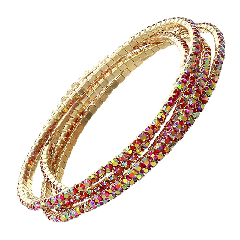 Set of 5 Rhinestone Stretch Bracelets (Gold Tone/Red)