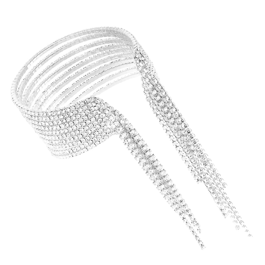 Multi-strand Flexible Wire Crystal Rhinestone Fringe Statement Cuff Bracelet (10 Row Clear Crystal Silver Tone)