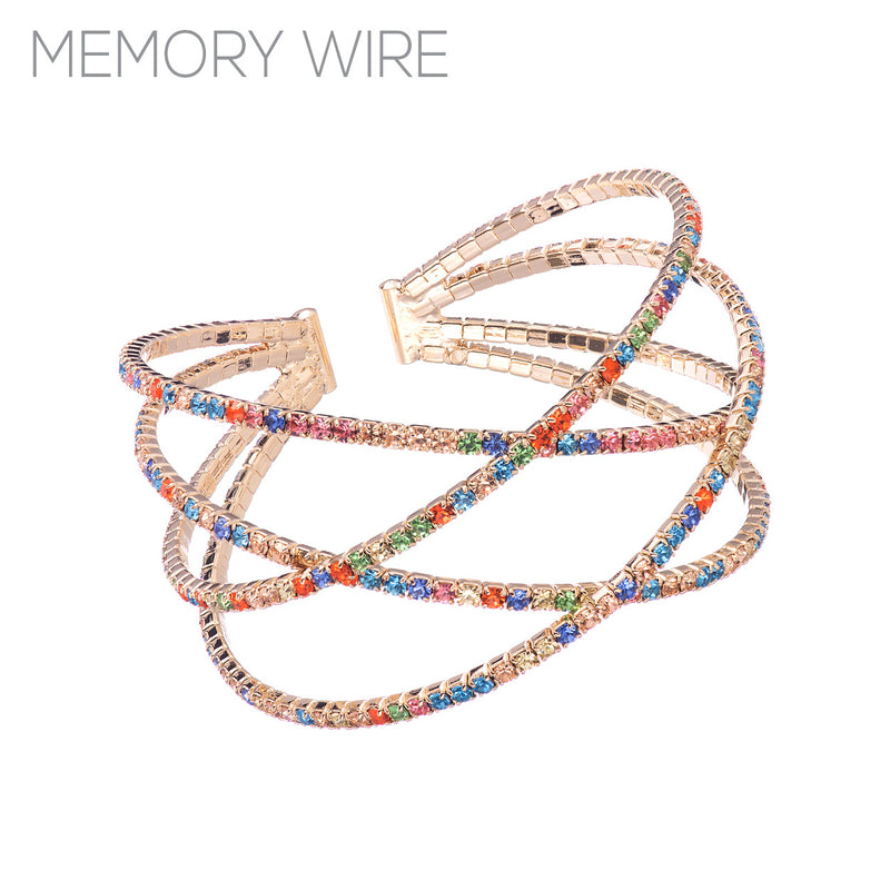 Crystal Rhinestone Criss Cross Flexible Wire Cuff Bracelet, 2.5" (Rainbow Crystal Double Cross Gold Tone)