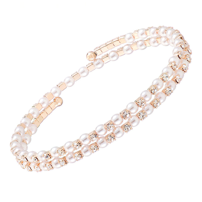 Dainty Simulated Pearl And Crystal Rhinestone Flexible Wire Coil Wrap Around Cuff Bracelet, 13" (Gold Tone)