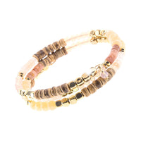 Bohemian Chic Flexible Memory Wire Wrap Cuff Crystal And Wood Beaded Bracelet, 2.5" (Cream Neutrals)