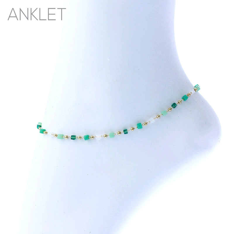 Stunning Emerald Green Beaded Chain Ankle Bracelet Anklet, 9"-11" with 2" Extender