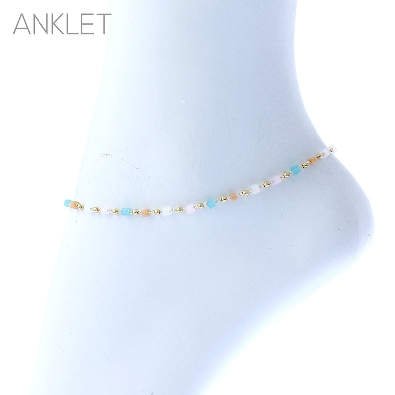 Summer Fun Stunning Square Glass Beaded Chain Ankle Bracelet Anklet, 9"+ 2" Extender (Pastel Multicolor)