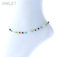 Summer Fun Stunning Square Glass Beaded Chain Ankle Bracelet Anklet, 9"+ 2" Extender (Bold Multicolor)