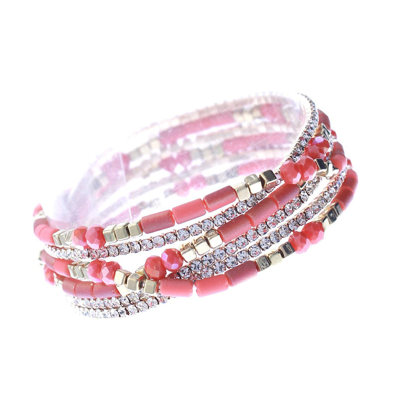 Chic Set of 6 Dainty Glass Bead Stacking Stretch Bracelet, 2.5" (Coral)