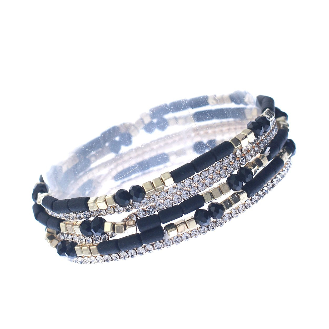 Chic Set of 6 Dainty Glass Bead Stacking Stretch Bracelet, 2.5" (Jet Black)