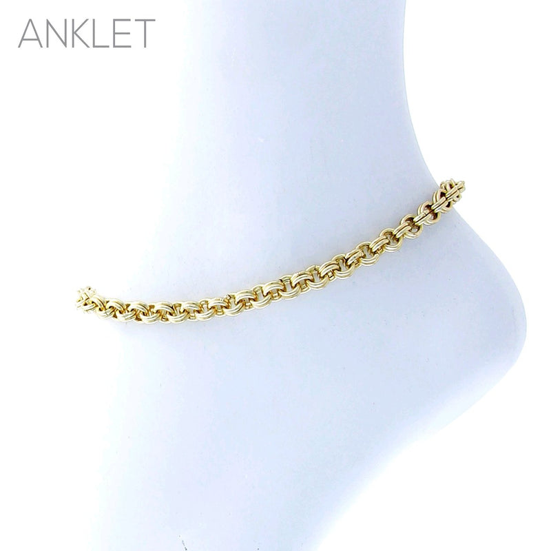Sleek Polished Gold Tone Double Rolo Link Chain Ankle Bracelet Anklet, 9"+1.5" Extender