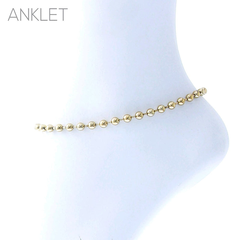 Stunning Polished Gold Tone Bead Ball Chain Ankle Bracelet Anklet, 9"-11" with 2" Extender