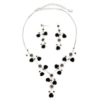 Elegant Crystal and Rose Statement Necklace Earring Jewelry Gift Set 14.5" with 4” Extension (Black)