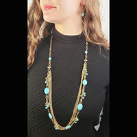 Stunning Western Glam Gold Tone Chains With Turquoise Howlite Stones Necklace Earring Gift Set, 34"+3" Extender