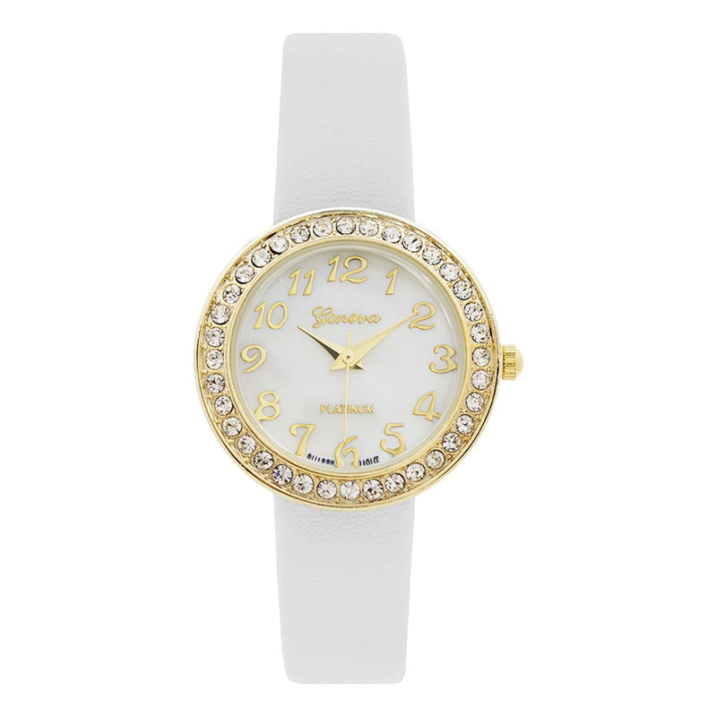 Stylish Mother of Pearl Face Faux White Leather Band Geneva Fashion Watch