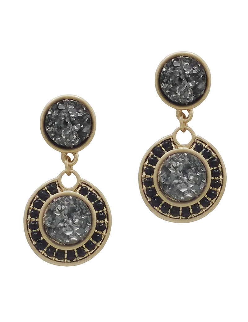 Vintage Style Double Faux Druzy Drop Statement Earrings (Smokey Grey Black)