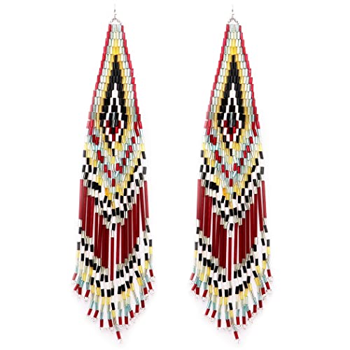 Extra Long Peyote Stitch With Fringe Seed Bead Shoulder Duster Statement Earrings, 5"-8.5" (8.5", Deep Red With Golds Silvers)