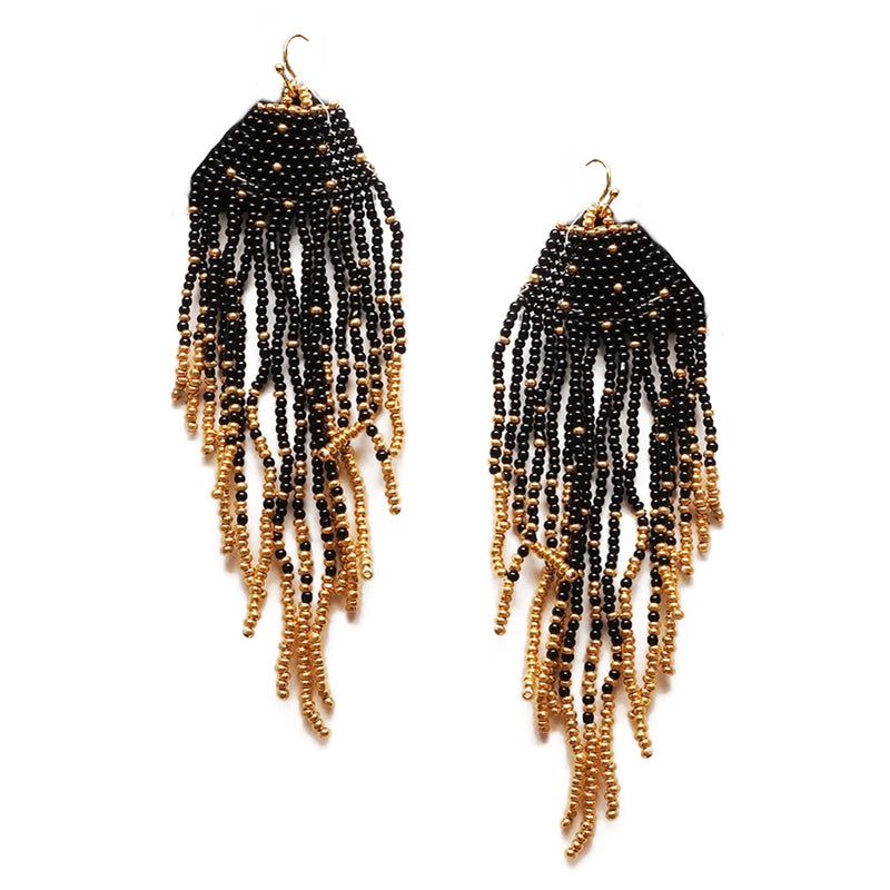 Extra Long Peyote Stitch With Fringe Seed Bead Shoulder Duster Statement Earrings, 5"-8.5" (5", Black Gold)