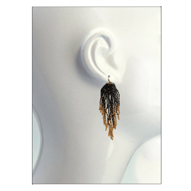 Extra Long Peyote Stitch With Fringe Seed Bead Shoulder Duster Statement Earrings (5", Black Gold)