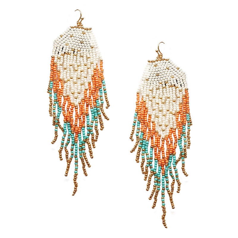 Extra Long Peyote Stitch With Fringe Seed Bead Shoulder Duster Statement Earrings (5", Cream Coral Turquoise Gold)
