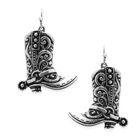 Unique Textured Burnished Silver Tone Western Cowgirl Boots Dangle Earrings, 1.62"