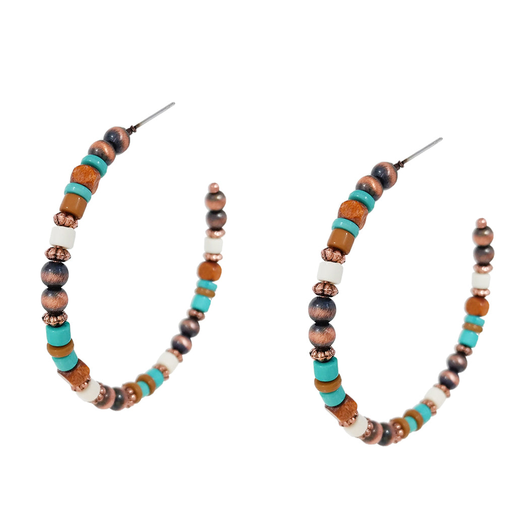 Chic Western Style Side Silhouette Metallic Pearl And Bead Hoop Earrings, 2.5" (Metallic Copper With Turquoise And Wood Beads)