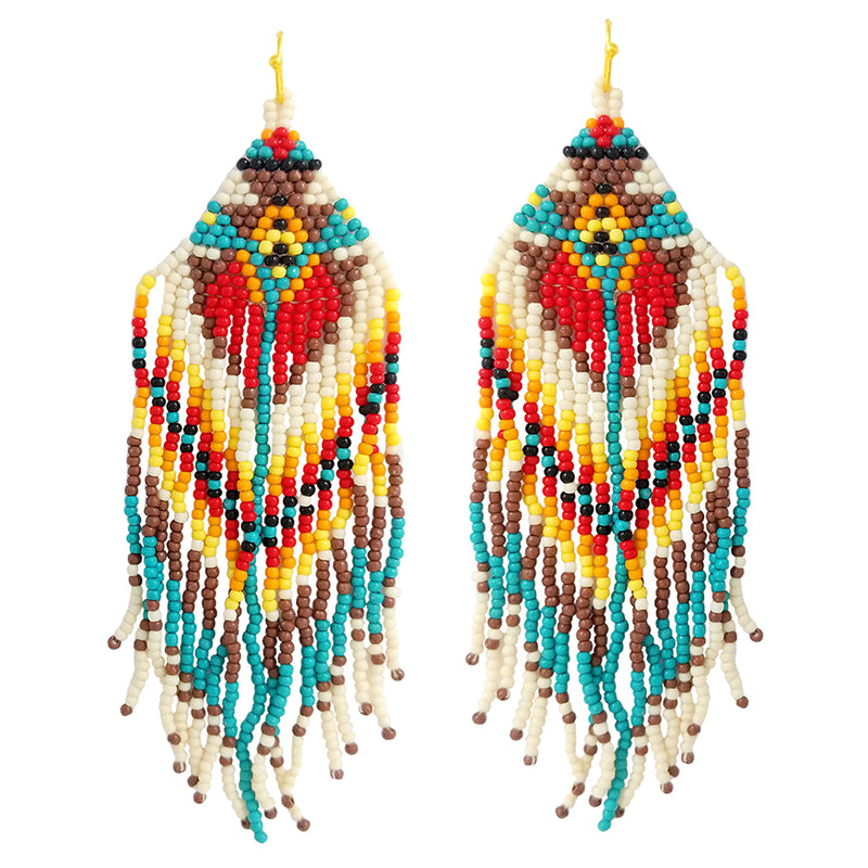 Extra Long Peyote Stitch With Fringe Seed Bead Shoulder Duster Statement Earrings, 5"-8.5" (5", Multicolor Geometric Pattern)