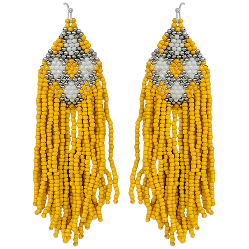Extra Long Peyote Stitch With Fringe Seed Bead Shoulder Duster Statement Earrings, 5"-8.5" (4", Yellow With White Silver Diamond Pattern)