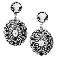 Wild Western Conchos With Leopard Print Cowhide And Howlite Stone Post Earrings, 2.25" (Dalmatian Howlite Stone Black White Leopard Spots)