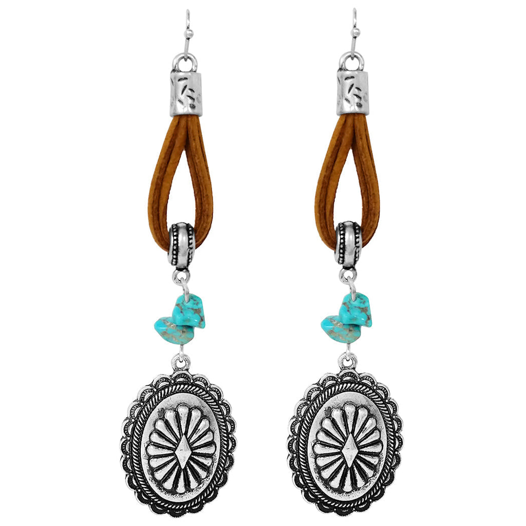 Wild Western Conchos With Vegan Leather Hoops And Howlite Stone Shoulder Duster Earrings, 4.25"