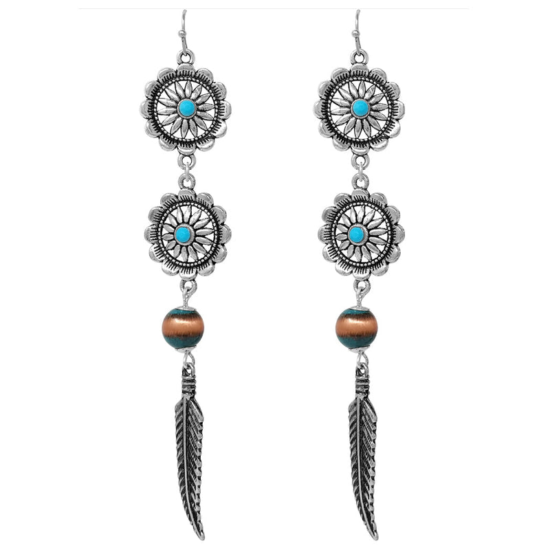 Stunning Shoulder Duster Length Decorative Western Metal Feather With Turquoise Accents Dangle Earrings, 4.5"