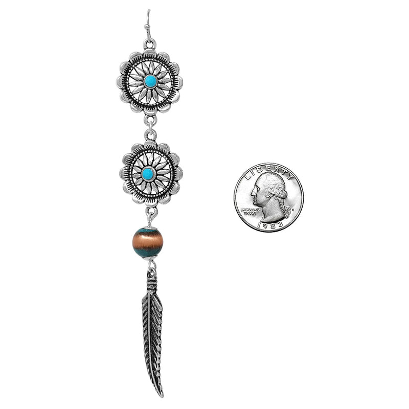 Stunning Shoulder Duster Length Decorative Western Metal Feather With Turquoise Accents Dangle Earrings, 4.5"