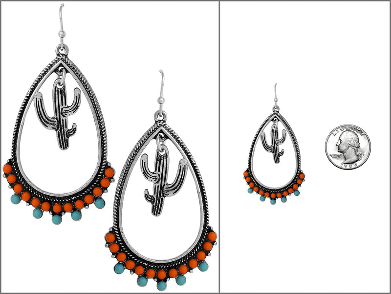Western Style Metal Teardrop Hoops With Textured Cactus And Colorful Bead Dangle Earrings, 2.25"