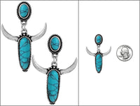 Western Style Steer Head With Semi Precious Turquoise Howlite Stone Post Earrings, 1.62"