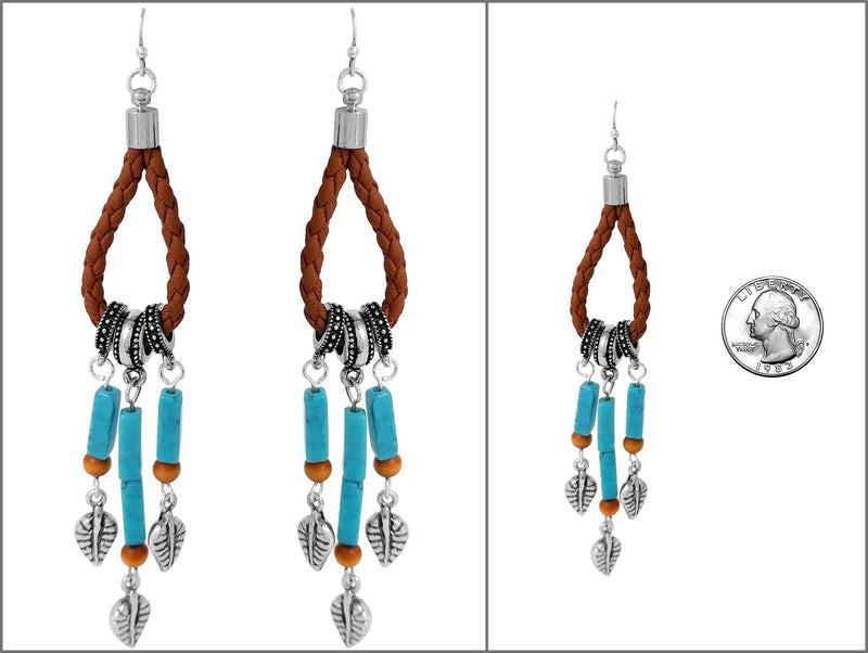 Wild Western Burnished Metal Feather With Vegan Suede Hoops And Howlite Stones Shoulder Duster Earrings, 4.25"