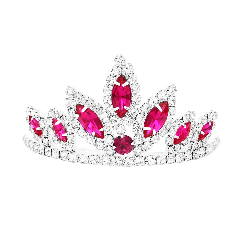 Dazzling Marquis Cut Royal Princess Mini Crystal Rhinestone Hair Comb Head Crown Tiara, 1.75" (Fuchsia Pink Crystal Silver Tone)