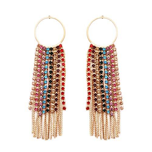 Gold Circle Hoop With Colorful Fringe Crystal Rhinestone Waterfall Dangle Earrings, 3.25"
