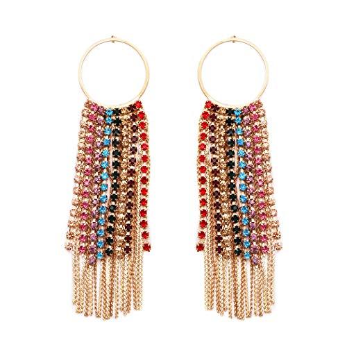 Gold Circle Hoop With Colorful Fringe Crystal Rhinestone Waterfall Dangle Earrings, 3.25"