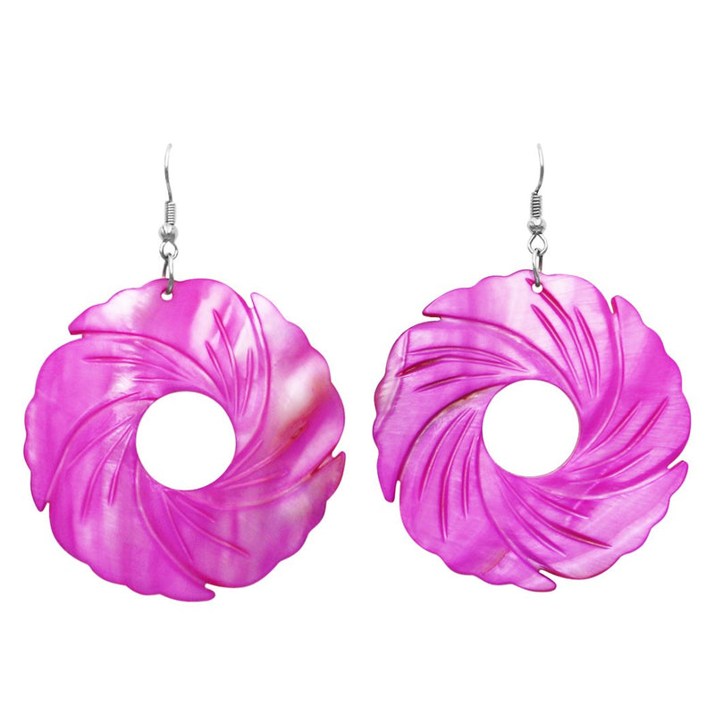 Colorful Spiral Circle Large Statement Natural Shell Dangle Drop Earrings (Fuchsia)