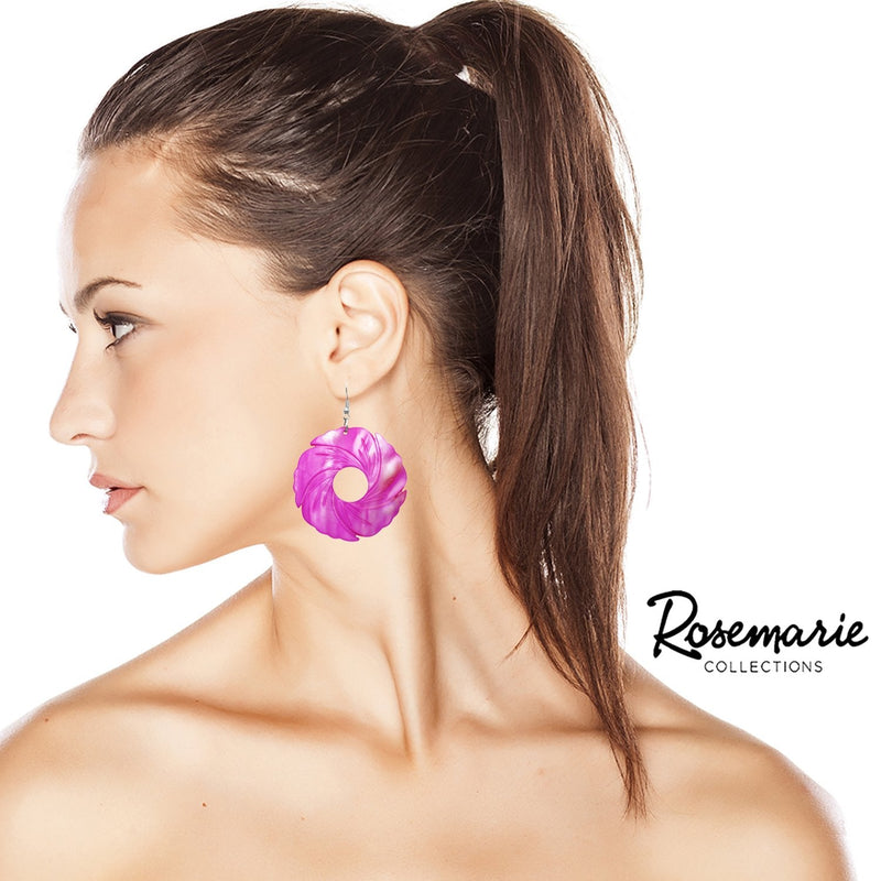 Colorful Spiral Circle Large Statement Natural Shell Dangle Drop Earrings (Fuchsia)