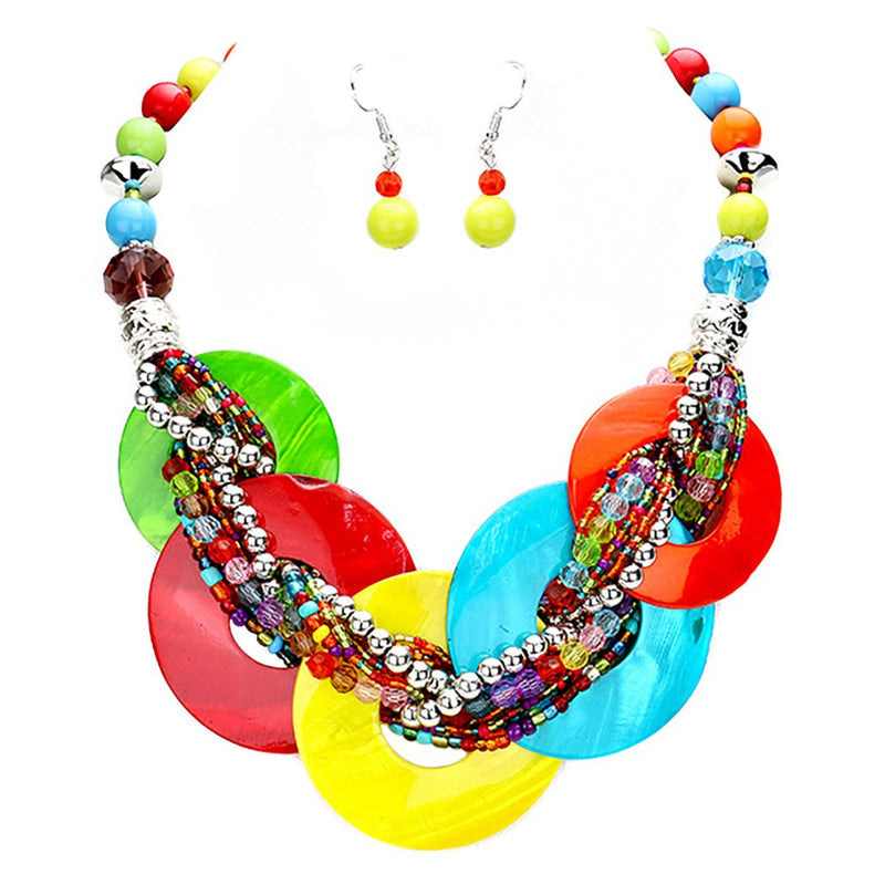 Chunky Shell Rings Multi Strand Braided Bead Statement Collar Necklace Earring Set, 14"+2.5" Extender (Multicolored Rainbow)