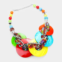 Chunky Shell Rings Multi Strand Braided Bead Statement Collar Necklace Earring Set, 14"+2.5" Extender (Multicolored Rainbow)