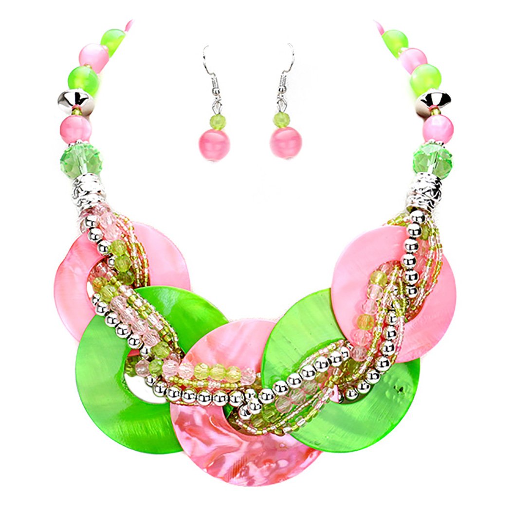 Chunky Shell Rings Multi Strand Braided Bead Statement Collar Necklace Earring Set, 14"+2.5" Extender (Green And Pink)