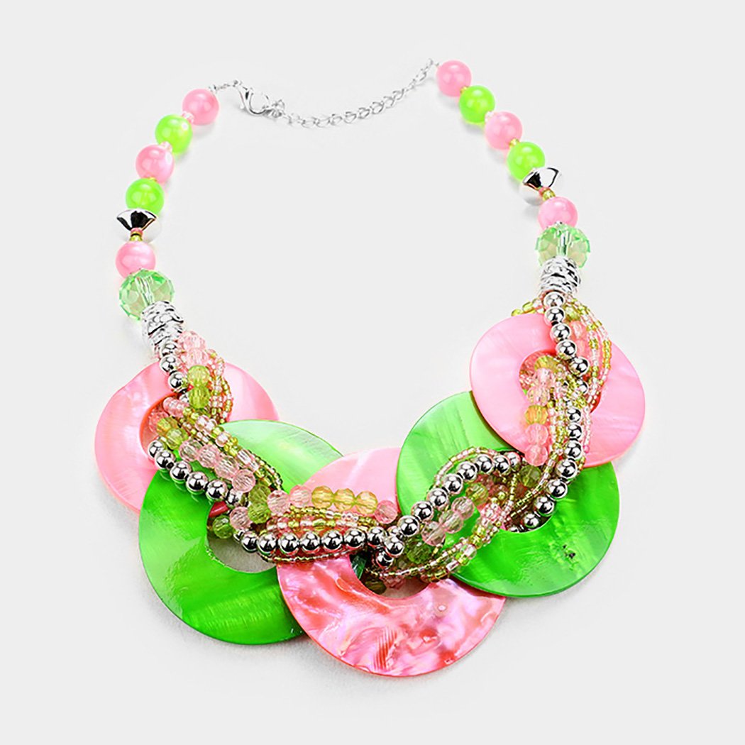 Chunky Shell Rings Multi Strand Braided Bead Statement Collar Necklace Earring Set, 14"+2.5" Extender (Green And Pink)