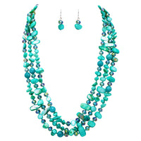 Stunning Natural Shell Stone and Faceted Cut Glass Bead Knotted Multi Strand Bib Necklace and Earrings Set (Aqua)