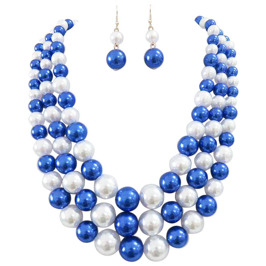 Women's Simulated Pearl Necklace & Earrings Set – 3 Multi-Strand Colorful Pearls, 18+3" Extender