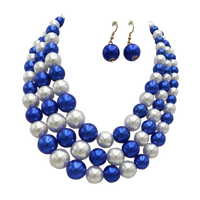Colorful Multi Strand Simulated Pearl Necklace And Earrings Jewelry Gift Set, 18"+3" Extender (Blue White Mix Gold Tone)