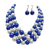 Colorful Multi Strand Simulated Pearl Necklace And Earrings Jewelry Gift Set, 18"+3" Extender (Blue White Mix Gold Tone)