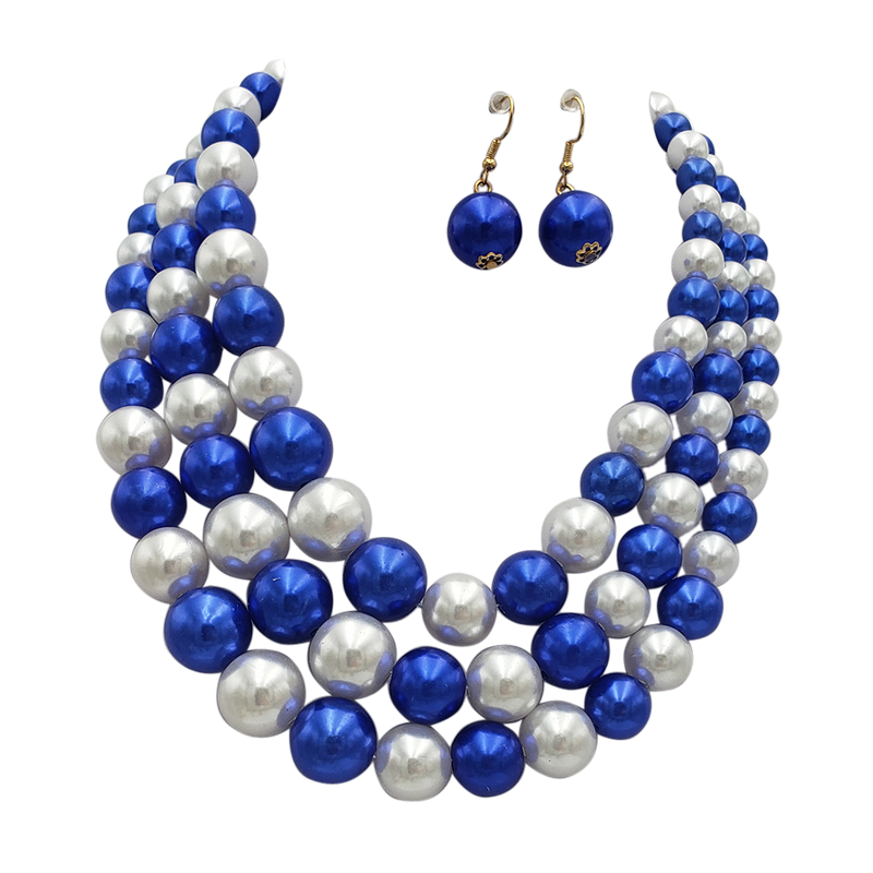 Colorful Multi Strand Simulated Pearl Necklace And Earrings Jewelry Gift Set, 18"+3" Extender (Blue White Mix Gold Tone)