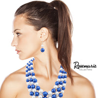 Colorful Multi Strand Simulated Pearl Necklace And Earrings Jewelry Gift Set, 18"+3" Extender (Blue White Mix Gold Tone)