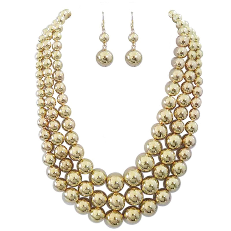 Multi Strand Simulated Pearl Necklace and Earrings Jewelry Set, 18"+3" Extender (Polished Metallic Gold - Double Ball Earring)