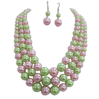 Colorful Multi Strand Simulated Pearl Necklace And Earrings Jewelry Gift Set, 18"+3" Extender (Light Green Light Pink Mix Silver Tone - Double Ball Earring)