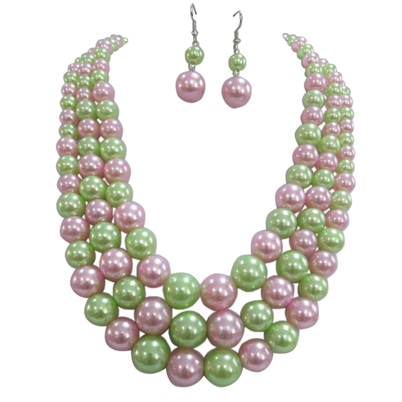Colorful Multi Strand Simulated Pearl Necklace And Earrings Jewelry Gift Set, 18"+3" Extender (Light Green Light Pink Mix Silver Tone - Double Ball Earring)