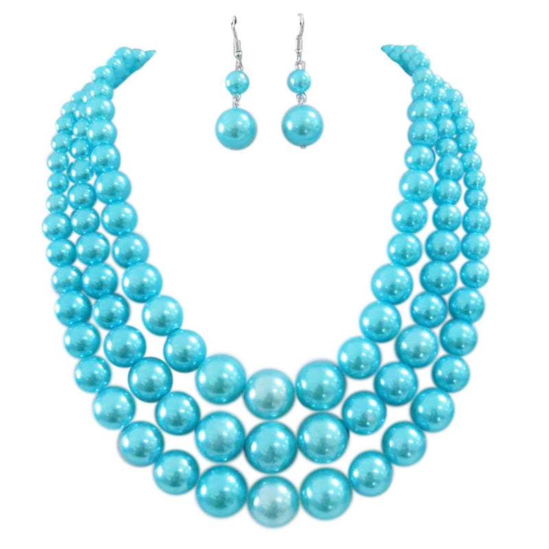 Multi Strand Simulated Pearl Necklace and Earrings Jewelry Set, 18"+3" Extender (Turquoise Blue Silver Tone - Double Ball Earring)
